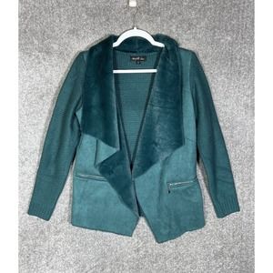Twelfth Love Faux Suede Knit Faux Fur Open Front Jacket Womens‎ Size Small Teal